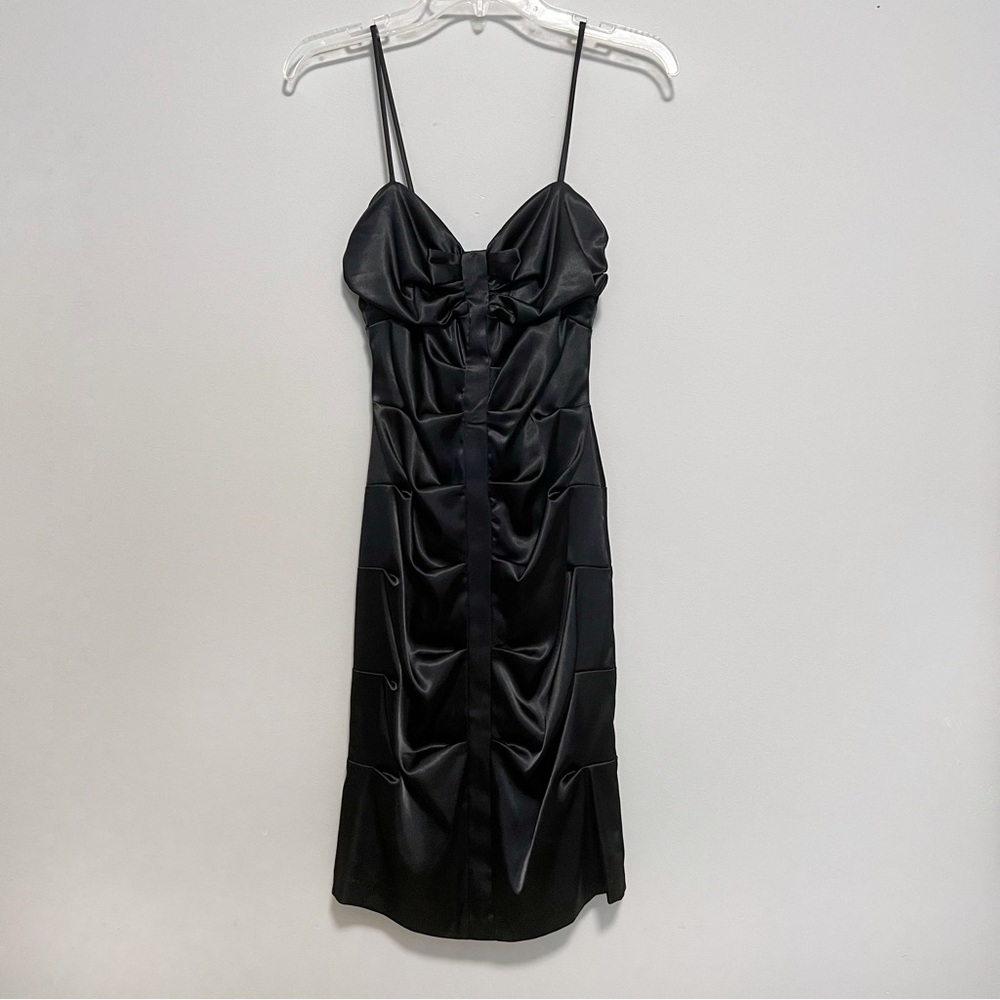 Black Satin Ruched Form Fitting Cocktail Dress